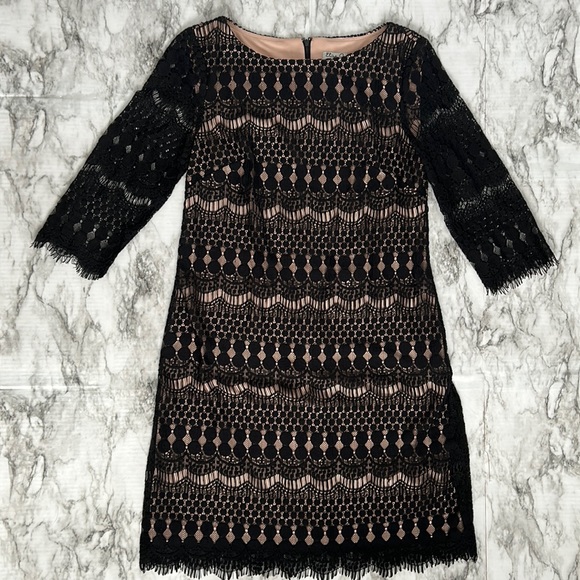 Eliza J | women’s size 6 shift dress black lace overlay with nude lining eyelash - Picture 1 of 12